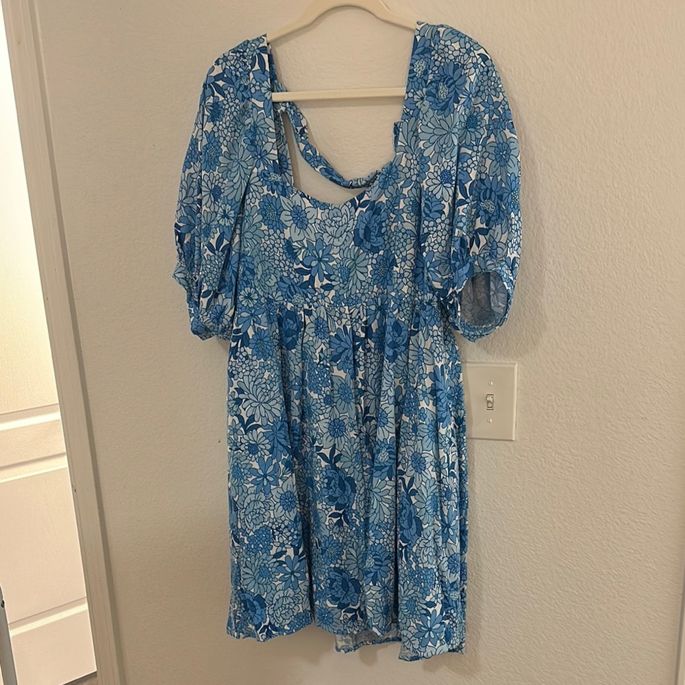 Floral Blue Dress with Puff Sleeves